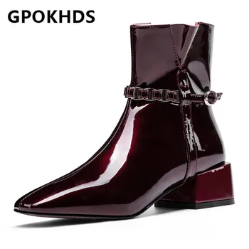 

GPOKHDS 2021 women Ankle boots Cow leather Winter short plush Square Toe Zipper Metal Decoration High heels female boots size 40