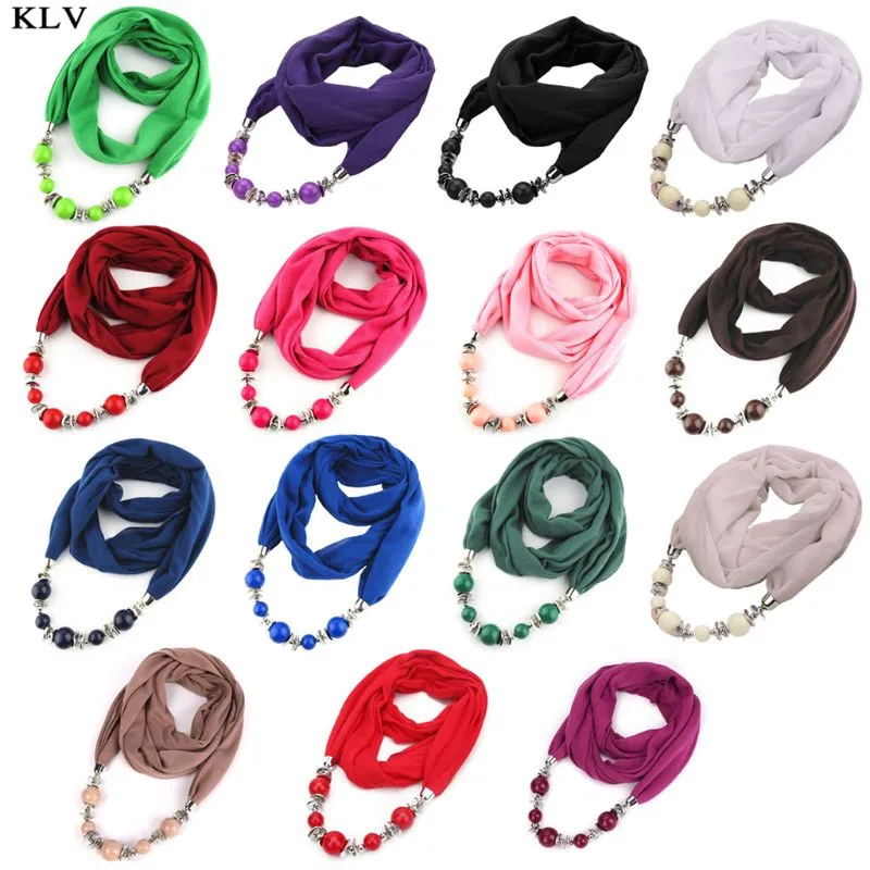 

Women Vintage Ethnic Style Solid Color Infinity Scarf with Large Beads Alloy Chain Luxury Jewerly Pendant Necklace Shawl