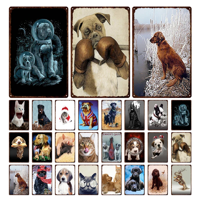 

Abstract Funny Animals Metal Plate Cute Cat And Dog Plaque Pet Shop House Pendant Iron Painting Tin Sign Wall Decoration