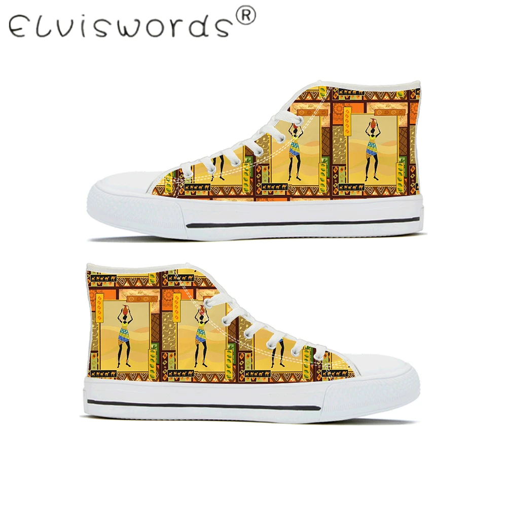 

ELVISWORDS Women High Top Vulcanized Shoes African Ethnic Tribal Woman Pattern Ladies Spring Summer Breathable Non-slip Sneakers