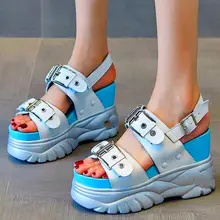 

Punk Goth Sandals Women's Cow Leather Strap Buckle Platform Wedge Gladiators High Heels Open Toe39 35 36 37 38