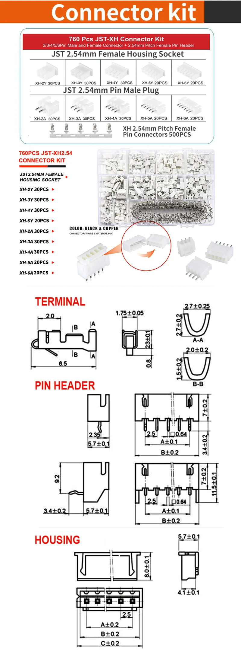 SN-01BM Crimpzange-Set, Ratschen-Crimper mit 1550 Stück 2,54 mm Dupont-Steckern und 760 Stück 2,54 mm JST-XH-Steckern AWG 28–20 – Detail 3