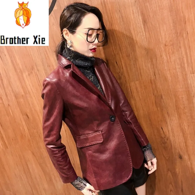 

2020 Spring Autumn Women Genuine Leather Blazer Jackets Office Lady Long Sleeve Real Sheep Leather Suits Jacket Female Slim Coat