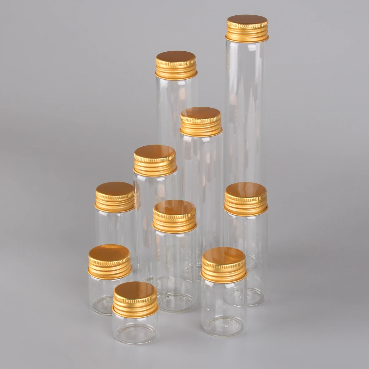 12pcs 10ml 15ml 20ml 25ml 30ml 40ml 50ml 60ml 80ml 100ml Glass Empty Bottles With Golden Aluminum Caps Spice Glass Jars Vails 6