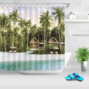 

Travel Sea Beach Scenery Shower Curtain Resort Tropical Plants Coconut Tree Shower Curtain High Quality Waterproof Bath Screen
