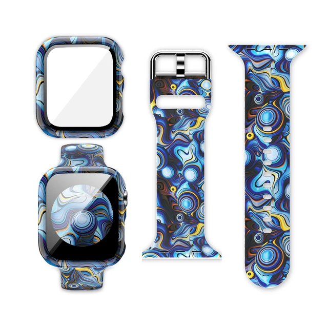 Case+Bands for Apple Watch Band 44 40 42 38mm with Screen Protector Cover, Glass+Silicon Wristband Strap for iWatch SE 654321 Blue Space