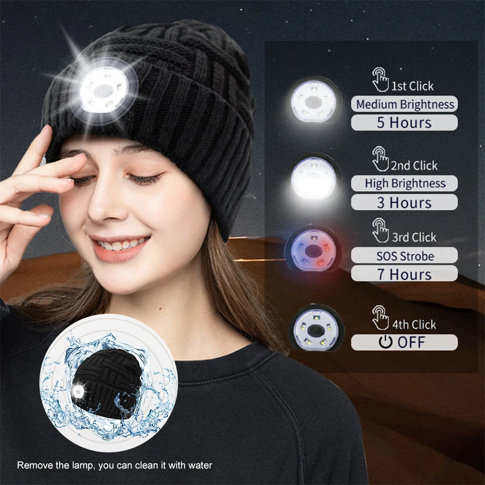 

5-LED Light Warm Knitted Cap USB Rechargeable Winter Beanie Hat Camping Hunting Running Hat 3 Light Modes Unisex