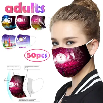 

50PCS Face Mask 2021 Happy New Year Adult Disposable Face Mouth Cover Christmas Mask 3 Layer Earring Face Mask Mouth-muffle #BL2