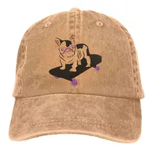 Для мужчин и женщин Регулируемая ВИНТАЖНАЯ ДЖИНСОВАЯ бейсболка животное Французский бульдог на скейтборде папа шляпа
