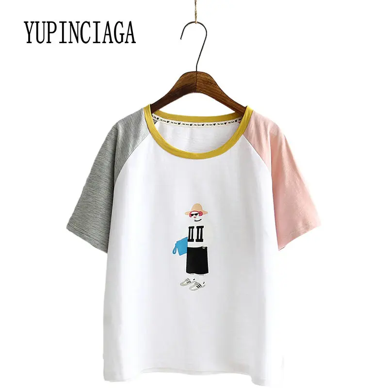 

Women's Cartoon Print Patchwork Hit color T Shirts 2020 Spring Femme Short Sleeve O-Neck Cotton T Shirt Femme Casual Loose Tops