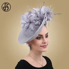 FS Fascinators Grey Church Sinamay Hat With Feather Fedora Hats For Women Derby Cocktail Party Bridal Ladies Church Hats