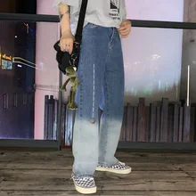 Свободные прямые джинсовые штаны с вышивкой Луны, звезд, контрастных цветов, высокая талия, уличная мода, винтажные джинсы, брюки