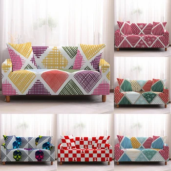 

Rhombus Color Block 1/2/3/4 Seat Cover Sofa Cover Stretch Suitable Living Room Protect Cover Non-Slip Spandex Sofa Cover