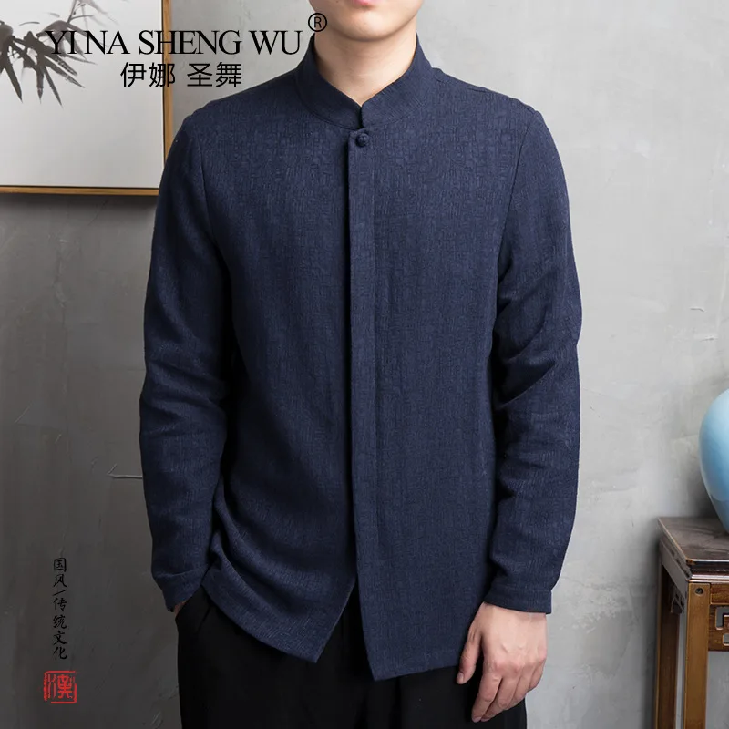 Mens Chinese Style Cotton Linen Long Sleeve Shirt Men Casual Clothing Retro Tang Suit Stand Up Collar Top Plus Size Clothes Male