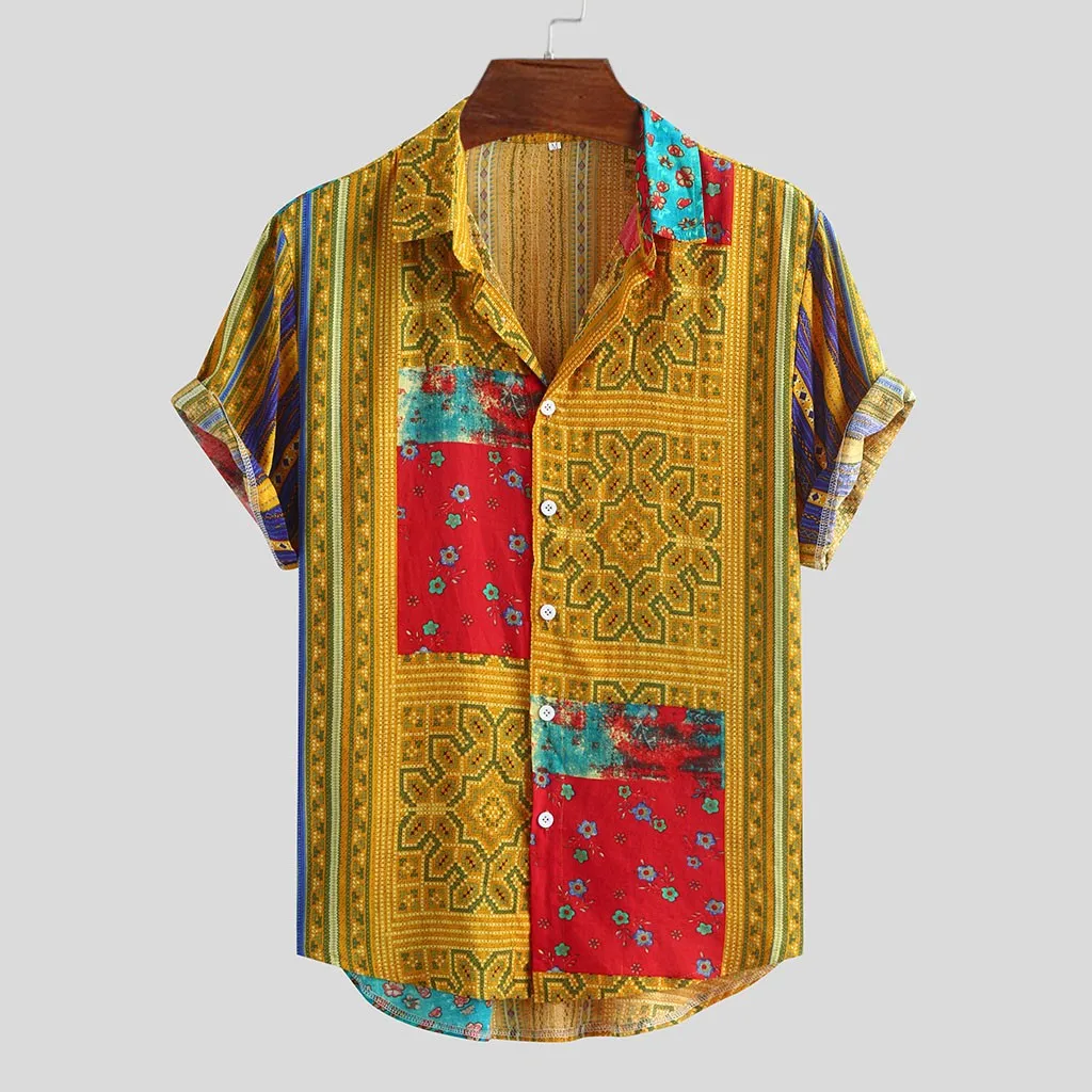 Men's Shirts Tops Colorful Stripe Summer Short Sleeve Loose Buttons Casual Shirt Blouse Patchwork New Design Hot Vocation Tops