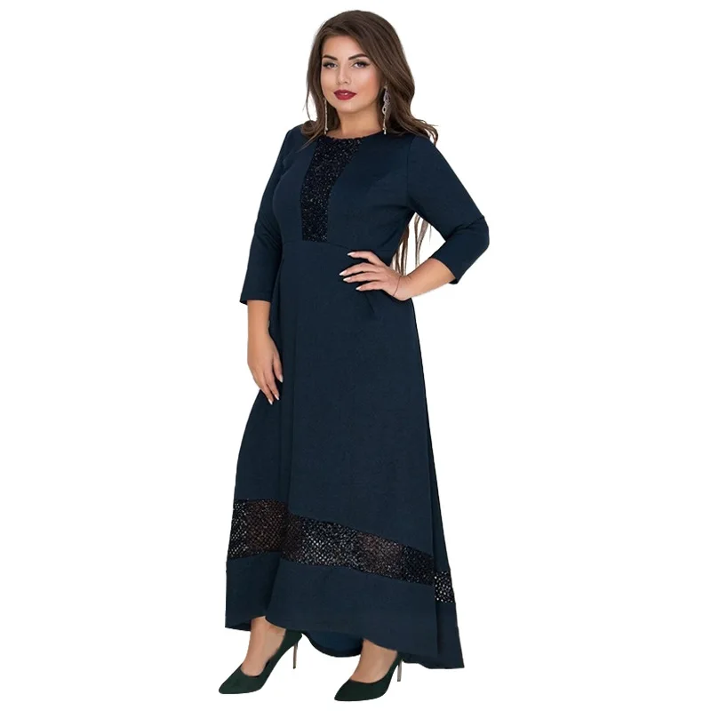 Осень, женское платье, пэтчворк, повседневное, Vestidos, длина по щиколотку, Круглый ворот, больше размера d 6XL, элегантное, размера плюс, вечерние платья - Цвет: Синий