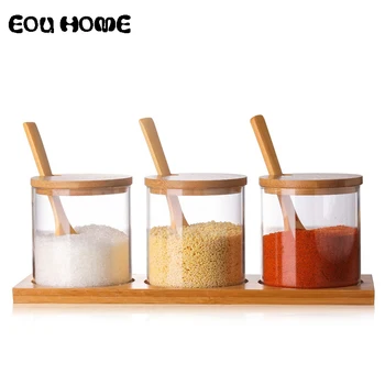 

Glass Herb Spice Tools Seasoning Bottle Glass Salt Sugar Tea Dry Goods Storage Jars with Wooden Spoon Kitchen Utensils