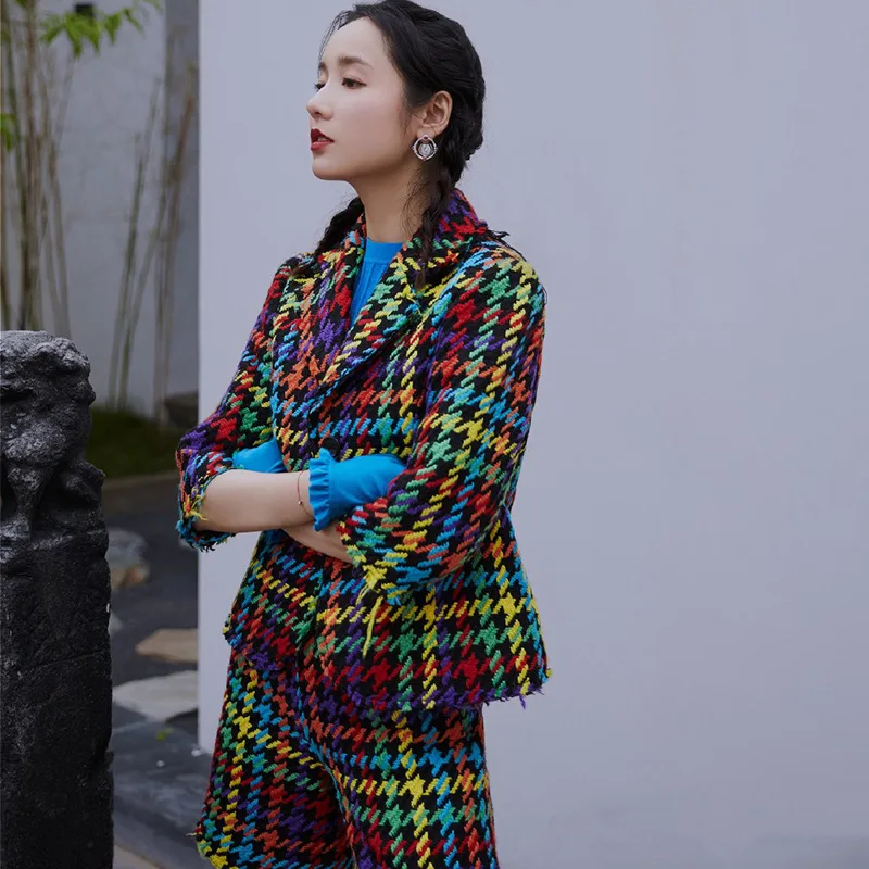 

2019 Star with The Same Rainbow Thousand Birds Tweed Jacket Hit The Color Grid Plaid Open Stitch women coats and jackets