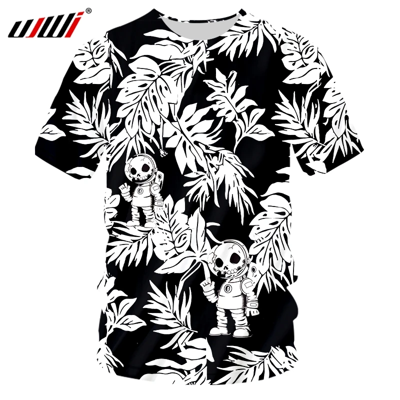 

UJWI Male Fitness T-shirts Black White Leaf Sports Tee Man 3D Full Body Printing Skull Print T-shirt Super Large Size Wholesale