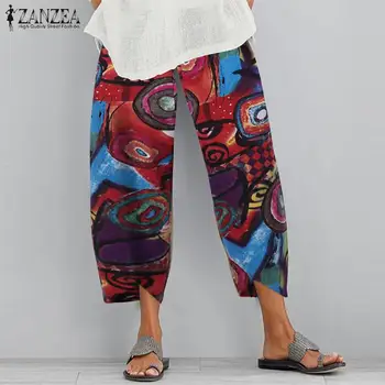 

ZANZEA Women Elastic Waist Cotton Linen Pants Summer Floral Printed Trousers Bohemian Pantalon Casual Loose Harem Pants Turnip