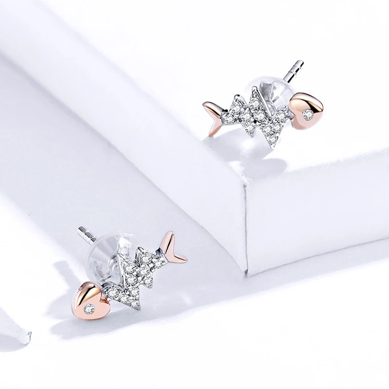 rose gold Модные корейские женские серьги-гвоздики в виде рыбьей кости, 925 пробы, опт - Окраска металла: rose gold