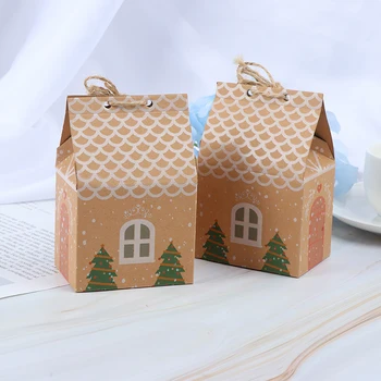 

50pcs Christmas House Candy Box Kraft Paper Gift Bags Xmas Gift Packaging Decor Food Cookies Box with String Home Decoration