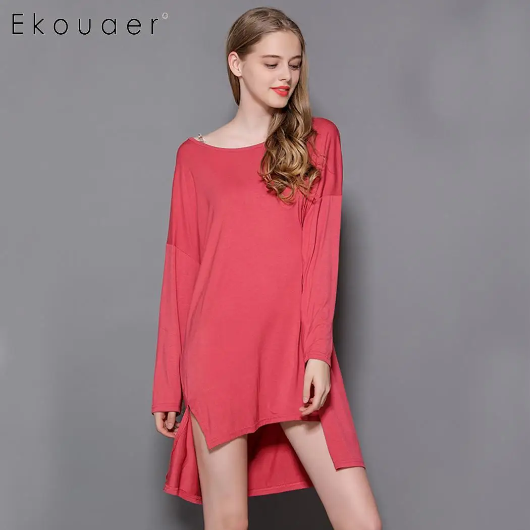 Ekouaer/женское мягкое Ночное платье с длинными рукавами, одежда для сна, свободная Однотонная ночная рубашка, осенне-зимняя ночная рубашка, женские пижамы