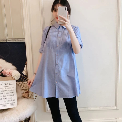 blue OkayMom блузка для беременных рубашки платье Одежда для беременных рубашка Одежда корейский OL свободные синие Топы Футболки для беременных женщин Осень - Цвет: blue