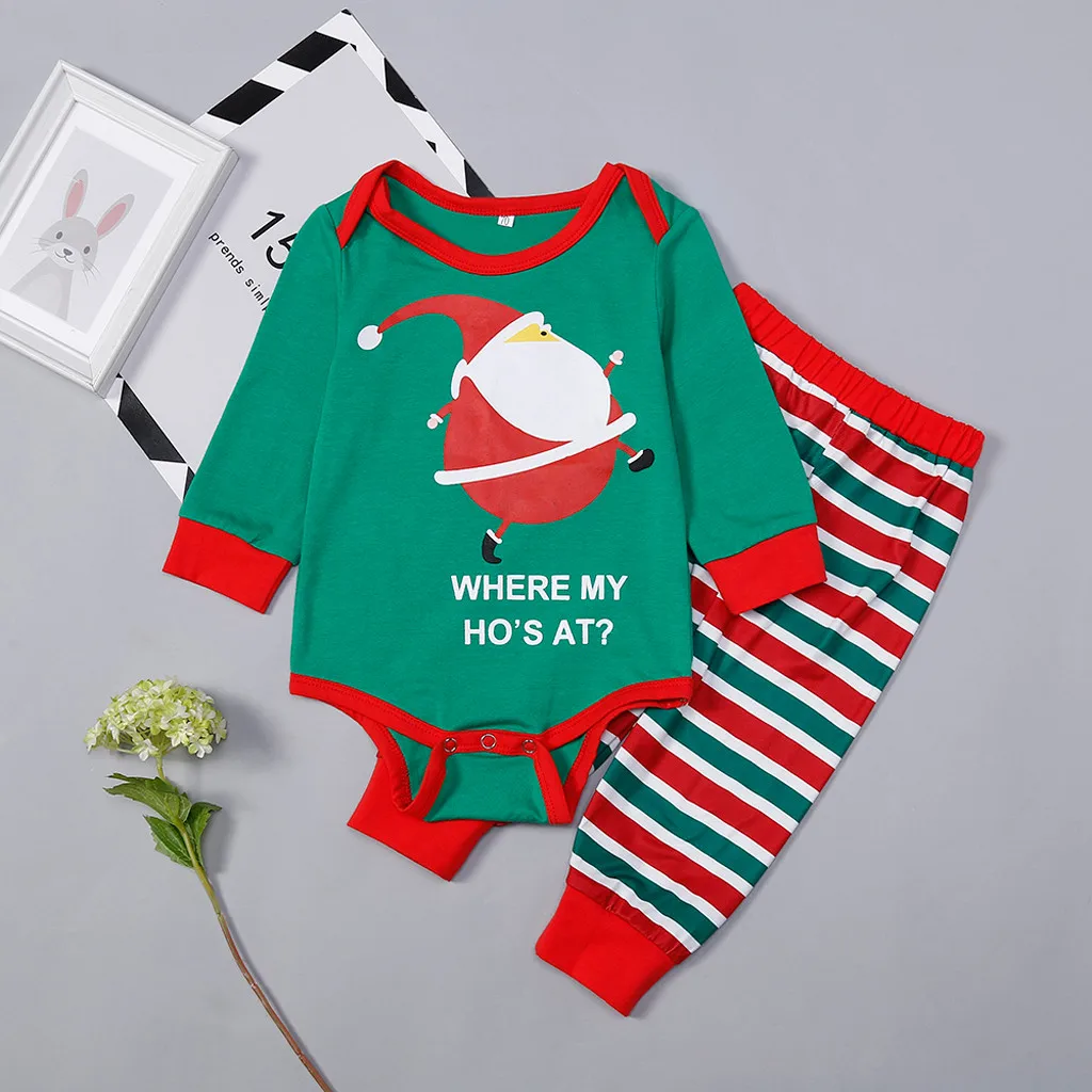 Newborn Infant Baby Boy Girl Christmas Cartoon Romper Striped Pants Outfits Set O-Neck Long Sleeve Fashion Baby Girl Romper