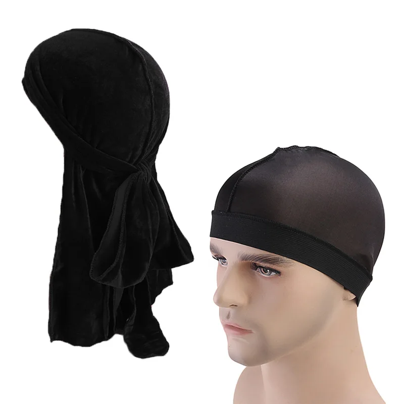 New Men's velvet Durag and silky dome cap women printing Bandana Headwear Bonnet Cap Sleeping Hat 2 pieces Couples Waves Cap