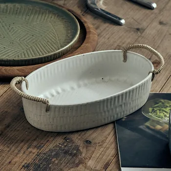

Japanese Art Retro Stoneware Main Course Ramen Snack Storage Tray Household Binaural Handle Ceramic Fruit Pastry Tray Tableware