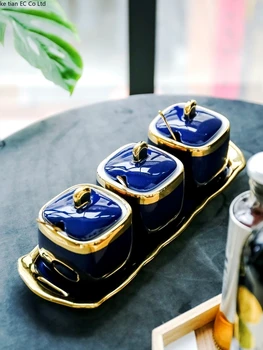 

Nordic light luxury indigo ceramic sugar cans salt shaker herbal pot herbs come four sets of flower and fruit tea pot