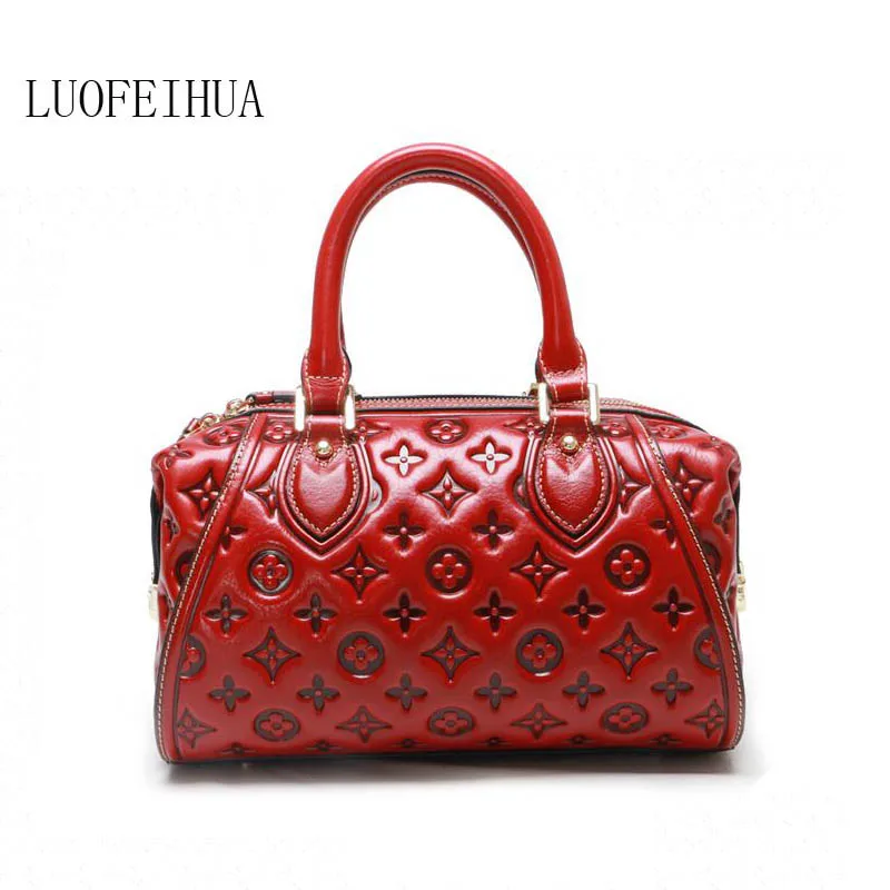 

Genuine Leather women bags for women 2019 new national wind layer leather handbag Embossed shoulder bag pillow bag