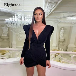 Eightree Modern Black Short Mini Evening Dresses Long Sleeves Party Gowns V Neck Formal Night Party Club Dress Robe de soiree