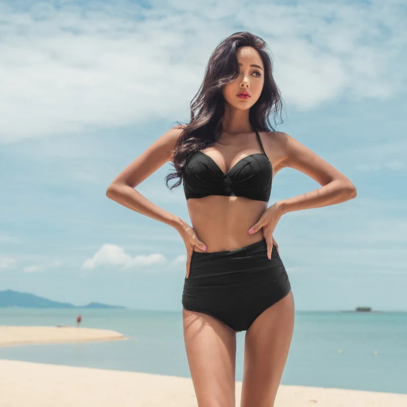 

South Korea Sexy Black Bikini Small Bust Gathering Underwire High-waisted Belly Covering Chest Emphasizing Two-piece Swimsuits W