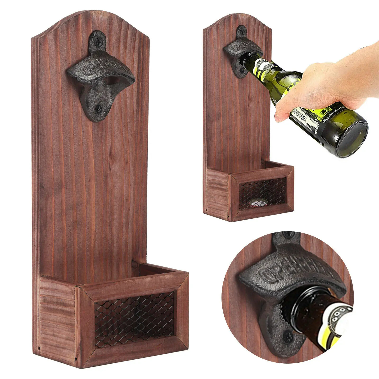 Bottle Opener With Cap Collector Catcher,vintage Wooden Wall Mounted