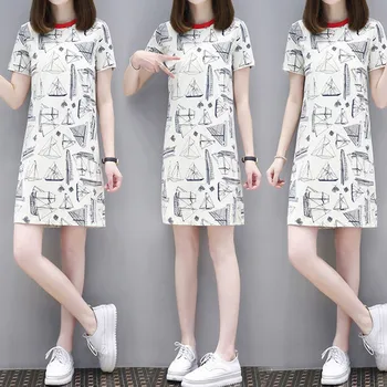 

Women's O-Neck Cartoon Printing Show Thin Short Sleeve Dress Summer платье женское dress women party dress ropa mujer