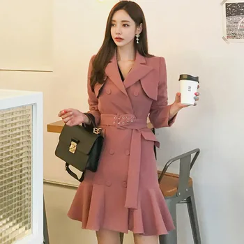 

[EWQ] 2020 Summer New Style Korean Fashion Suit Collar Long Sleeve Button Sleeve Slim Coat Belt Mid-length Dress Women 3AC065