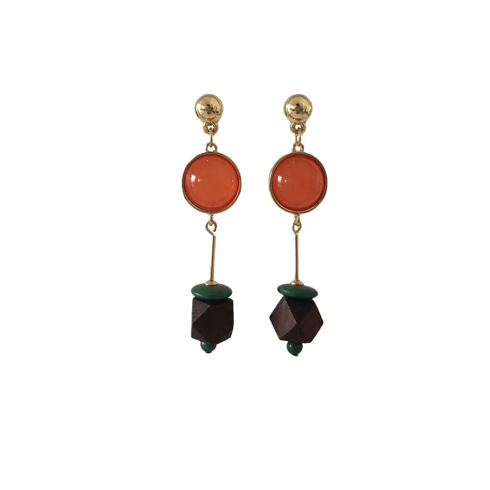 

CASUAL GOLD COLOR PLATING ROUND STONE WITH WOODEN DROP EARRINGS FOR WOMEN