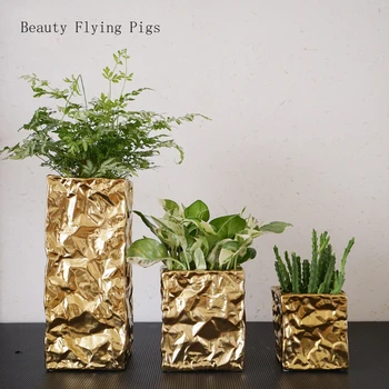 

Modern simple personality vase decoration home hotel living room creative silver gold pleated ceramic flower decoration