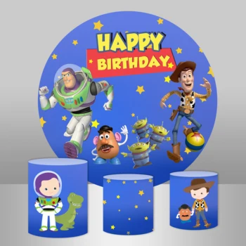 

Circle Round Backdrop Blue Sky gold star Cartoon toy Story party Background for Photography Photo Studio Vinyl Photocall