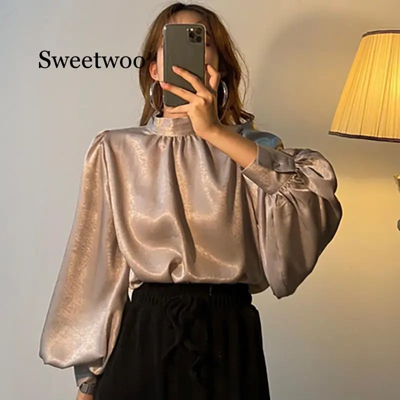 

Satin Blouse Long Lantern Sleeve Office Chic Ladies Shirt White Korean Fashion Clothing Black Spring Blouses Women Top Chemise