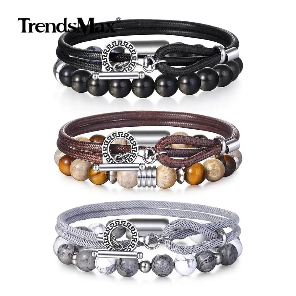 

Trendsmax 2Pcs/Set Genuine Leather Bracelets Natural Map Stone Men's Beaded Bracelet for Mens Boy Charm Fine Jewelry Gift TBX002