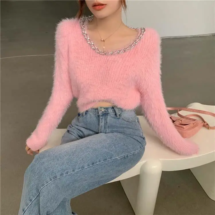 2022 Short Sweater Top Winter Korean Soft Waxy Texture Metal Chain V-neck Knitted Pullover Long-sleeved Office Ladies Clothing cable knit sweater