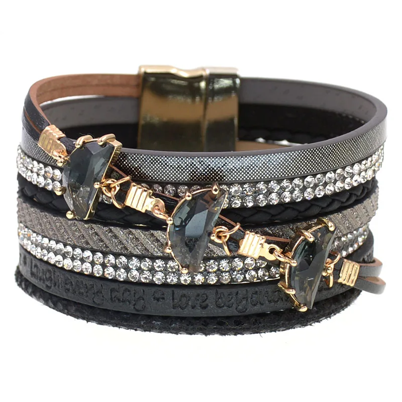 Leather Bracelet women Trendy glass Rhinestone Crystal Femme charm Bracelets & Bangles wrap bracelets For Women Jewelry