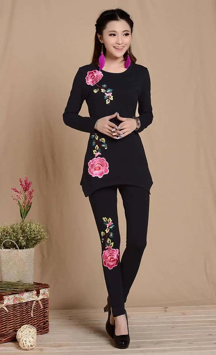 M, L, XL, XXL, 3XL черно-белые вышитые Леггинсы для женщин весна-осень в богемном стиле с вышитыми цветами карандаш брюки Этнические - Цвет: Черный