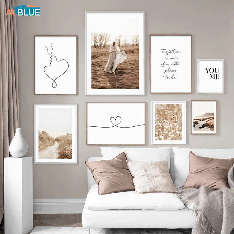 Autumn Sunset Plant Nature Landscape Poster Love Words Line Quote Nordic Style Wall Art Canvas Print Decorative Painting Picture | Дом и сад