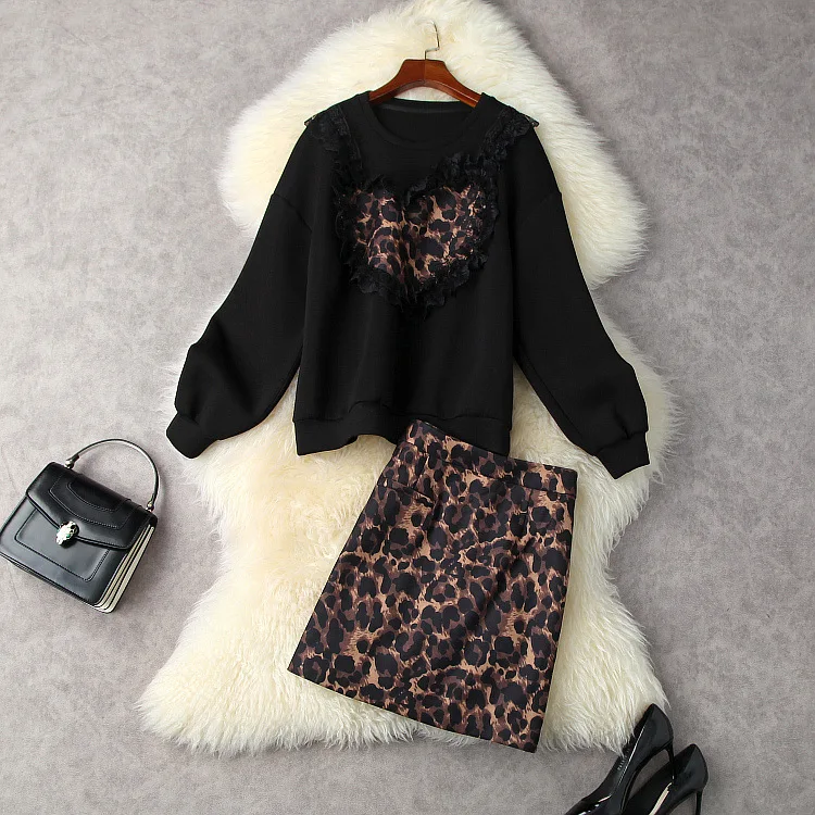 

European and American women's clothing winter 2022 new Long sleeve space cotton hoodie Leopard print skirt Fashion suits