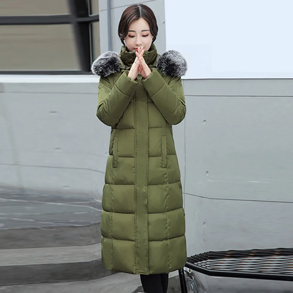Плюшевое пуховое пальто с капюшоном из искусственного меха для женщин с хлопковой подкладкой, ветронепроницаемое длинное тонкое теплое пальто, женское пуховое пальто Kurtka Puchowa damsk