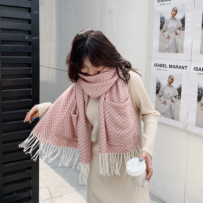 Flash Deals veJK7 2019NEW Autumn Winter cashmere Scarf shawl for women striped pockets warm thick ladies scarves large blanket stole poncho women
